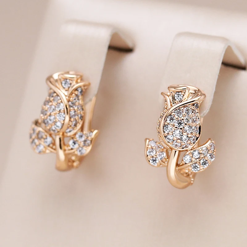 Kinel Hot 585 Rose Gold Color Crystal Flower Earrings For Women Natural Zircon Vintage Wedding Daily Fine Jewelry Girls Gift