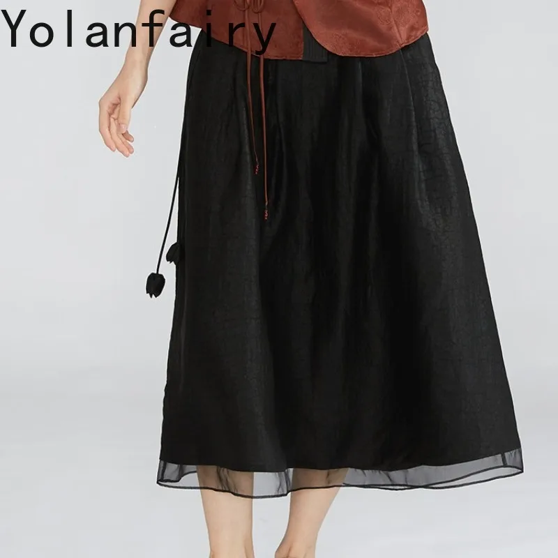 YOLANFAIRY High Quality 100% Mulberry Silk Skirts for Woman Tortoise Crack Gambiered Organza Silk Skirts Vintage Black Skirt