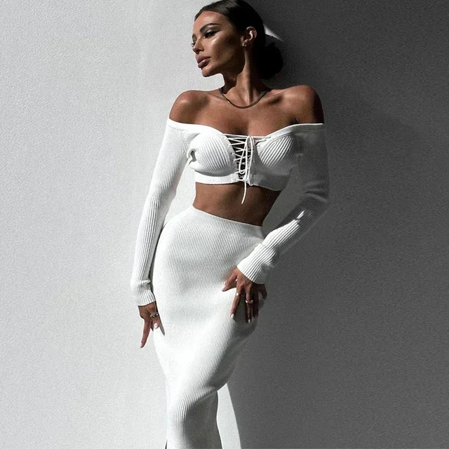 White Knit Two Piece Set Women Outfit 2024 Autumn Winter Ribbed Crop Top And Long Skirt Skirt Sets Fashion Hot Night Club Outfit