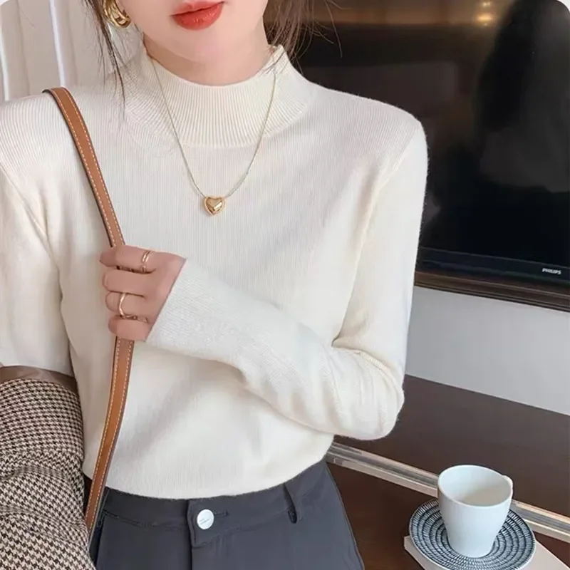 

2024 Casual and Comfortable Basic Half Turtleneck Bottom Knitwear Autumn and Winter New Style with White Slim-fit Sweater Top