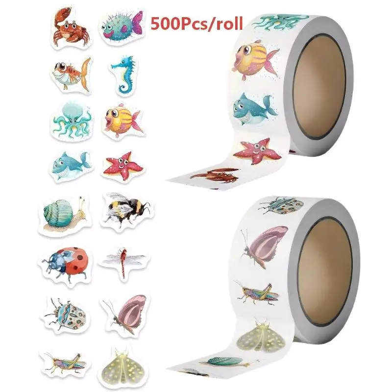 500Pcs/Roll Waterproof Cartoon Bug Stickers Self Adhesive Ocean Marine Animal Decals for Luggage Laptop Decoration