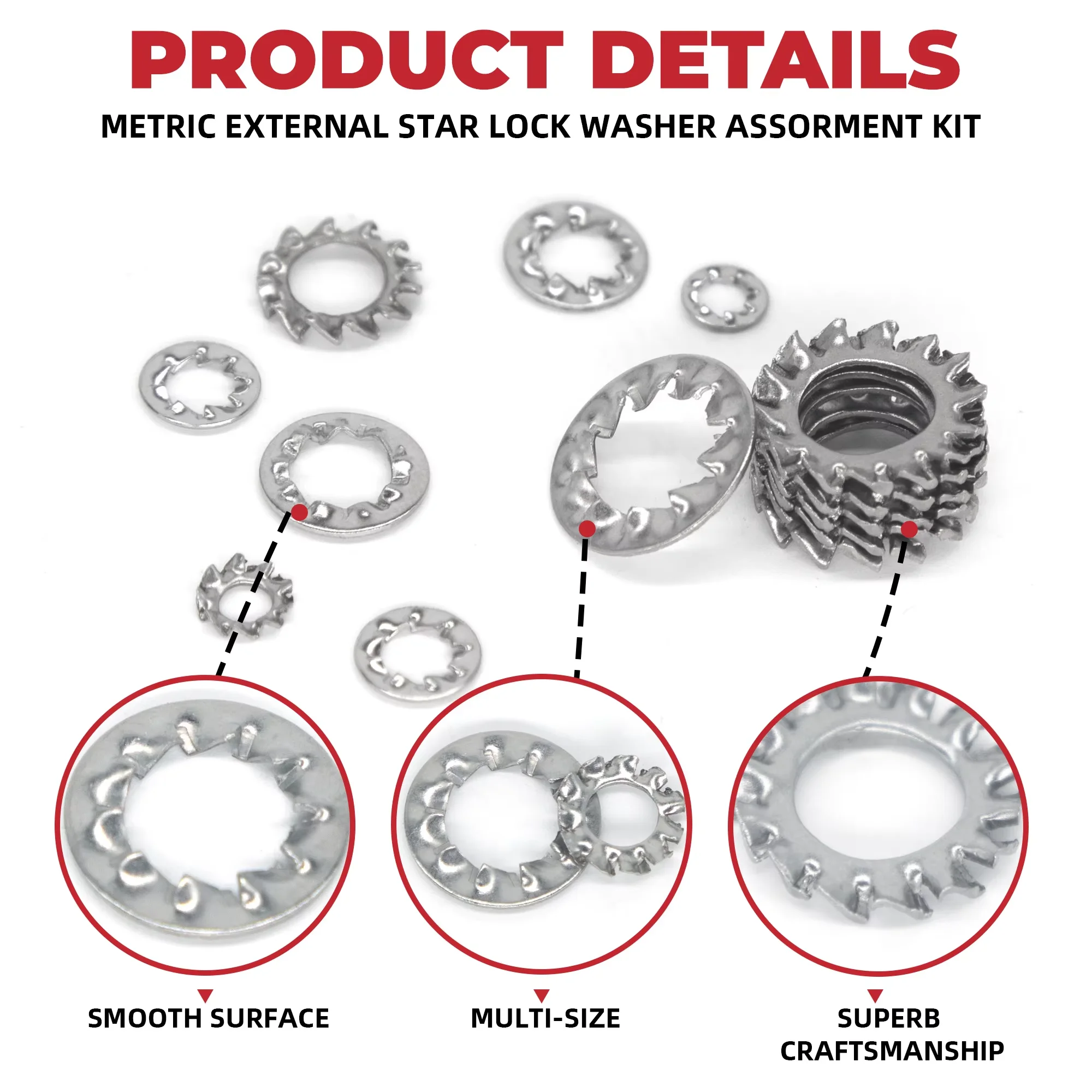 500pcs/Box Mix M3 M4 M5 M6 M8 External Internal Toothed Serrated Lock Washer Gasket Assortment Kit Set 304 A2-70 Stainless Steel