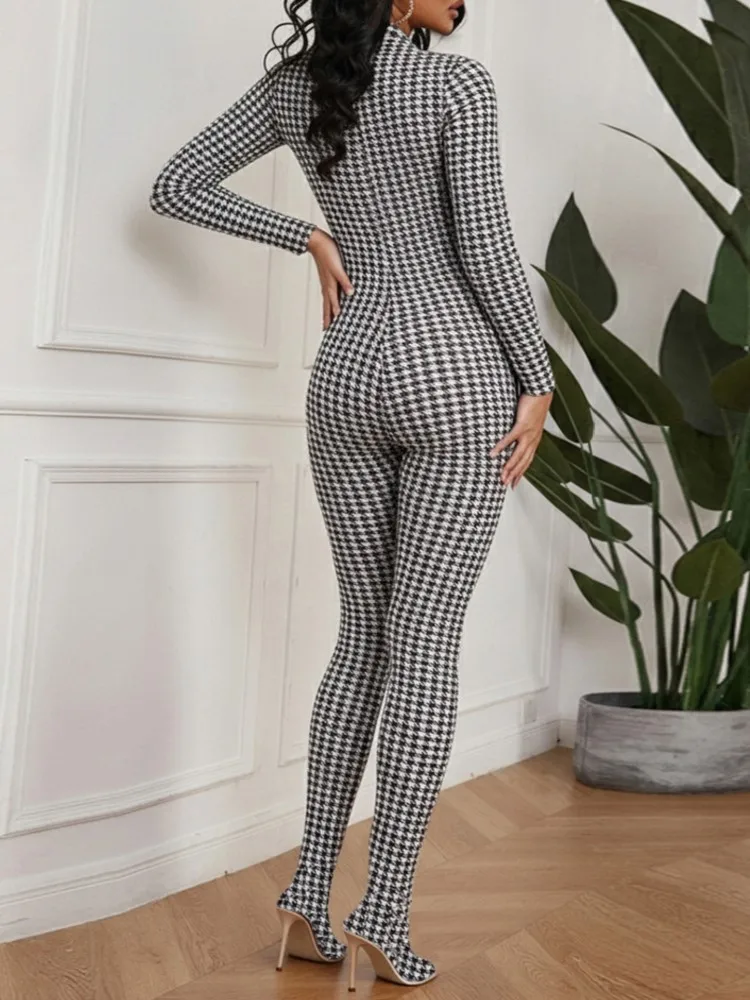 خريف شتاء موضة جديدة مطبوعة بذلة السراويل النسائية مثير نمط عالية الرقبة طويلة الأكمام عالية الخصر سليم صالح بذلة السراويل #2