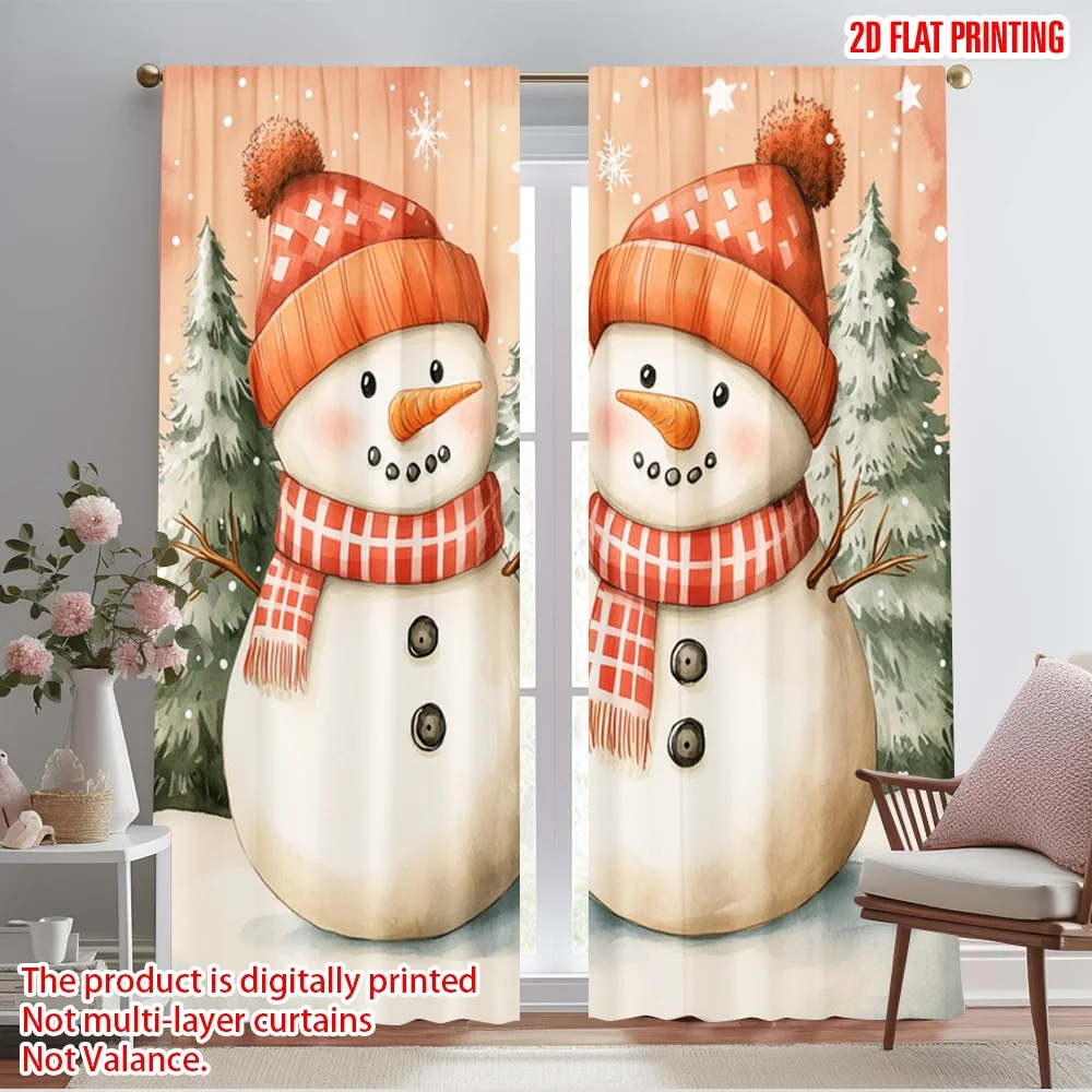 2pcs,2D plane printing Curtains Digital Printed Cute Snowmen Christmas Watercolor (2) Versatile 100% Polyester (without rod)