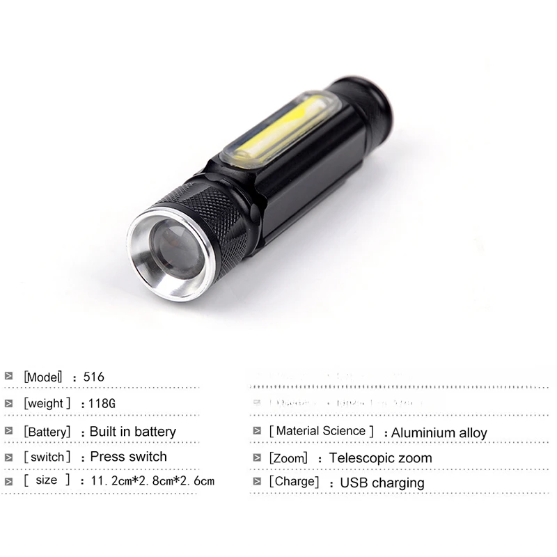 Linterna LED recargable por USB, luz COB lateral con batería integrada, z60