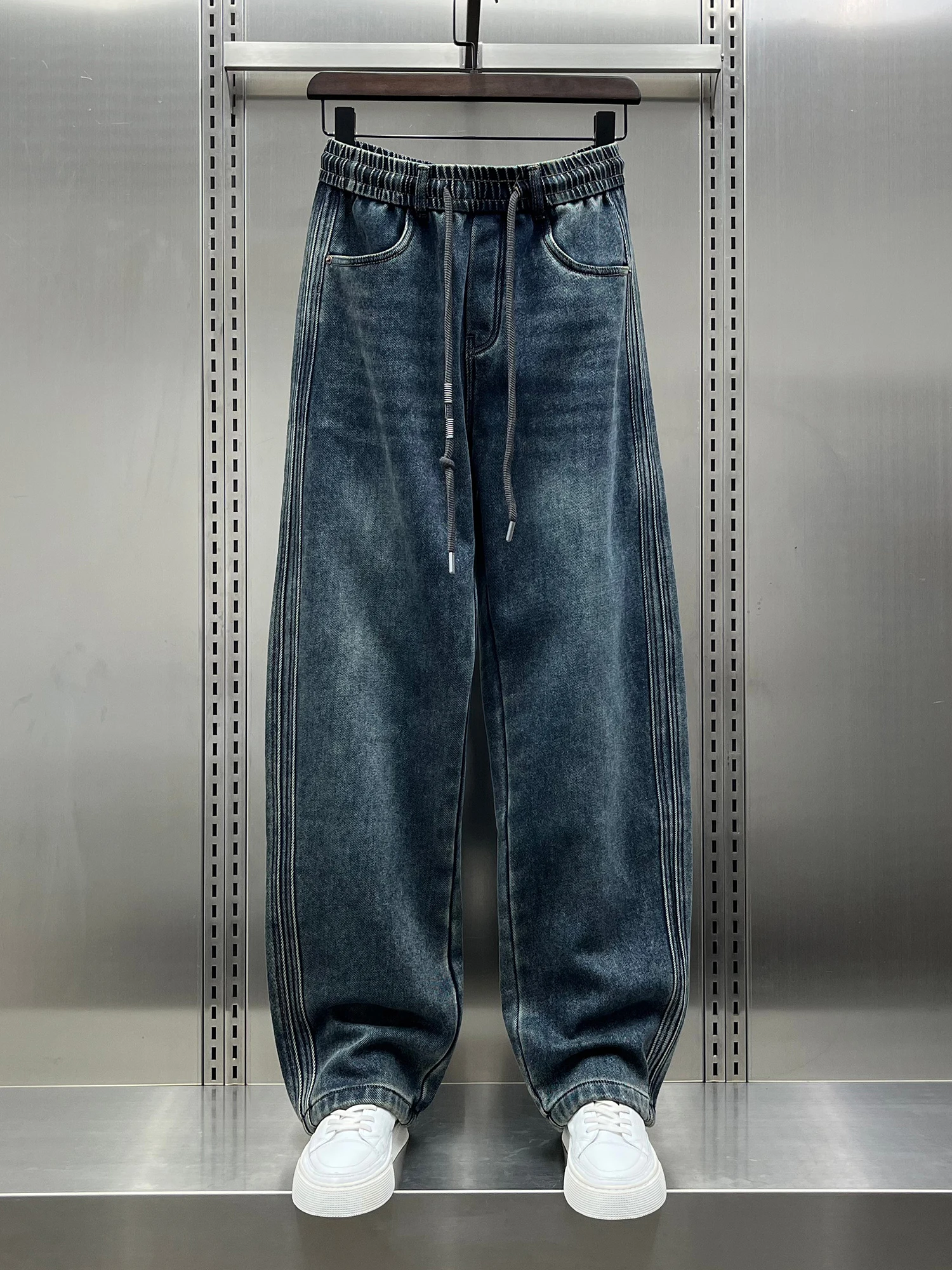 

Retro American Fce Lined Waed Denim Jeans Men's Loose Straight Leg Casual Long Trousers Trendy mid Waist Jeans