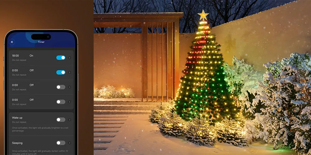 Smart Christmas Tree Lights, DIY Color Changing Waterfall Xmas Tree Lights with Ring & Top-Star, RGB-IC Dynamic String Light