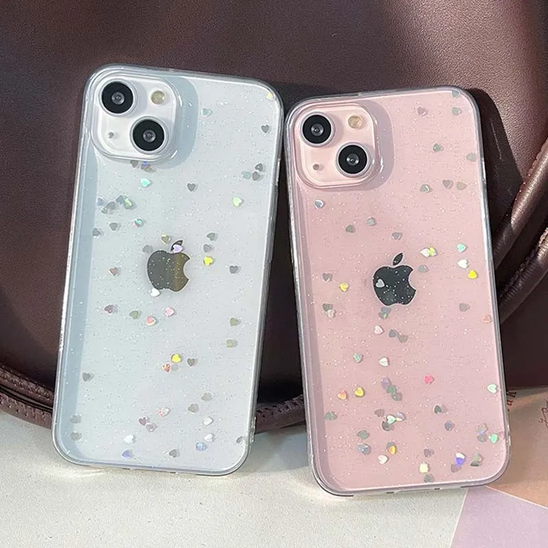 

Glitter Love Heart Star Sequins Phone Case For iPhone 11 12 13 14 Pro Max XS Max XR X 7 8 14 Plus Soft Bling Clear Cover Capa