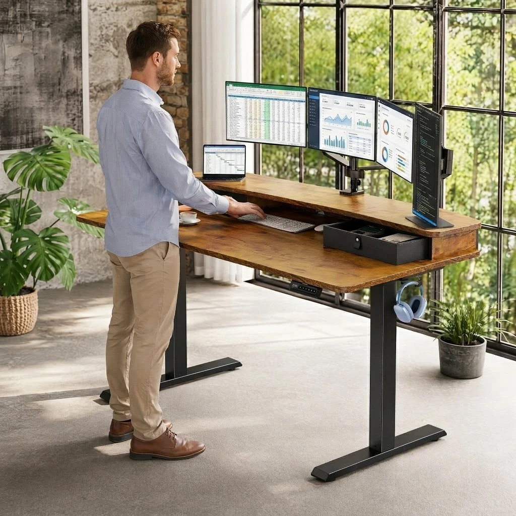 48″ X 24″ Electric Standing Desk with 2 Drawers, C-Clamp Mount Compatible, Height Adjustable Computer Desk, Home Office Stand Up Desk with 4 Preset Heights & 2 Hooks