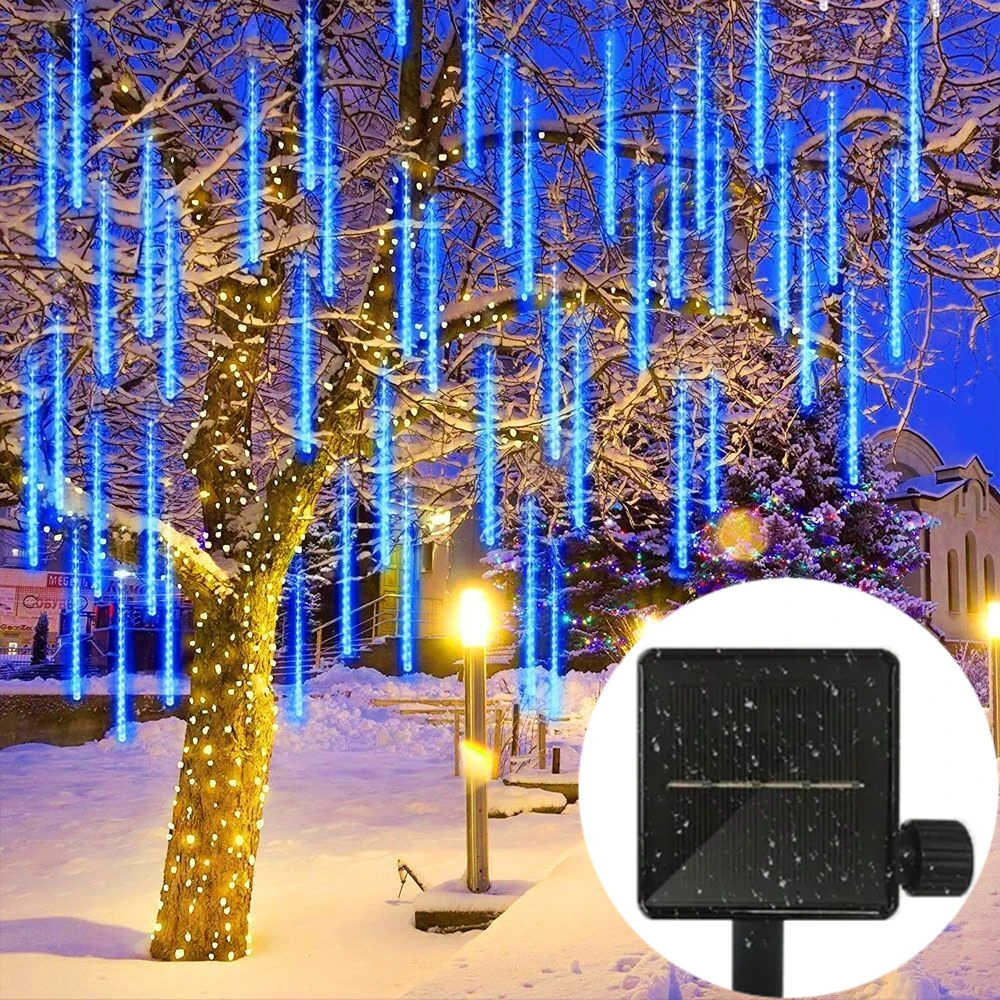 Outdoor Solar Meteor Shower Lights Falling Rain Drop Fairy String Lights Christmas Decorations for Home Garden Holiday Lighting