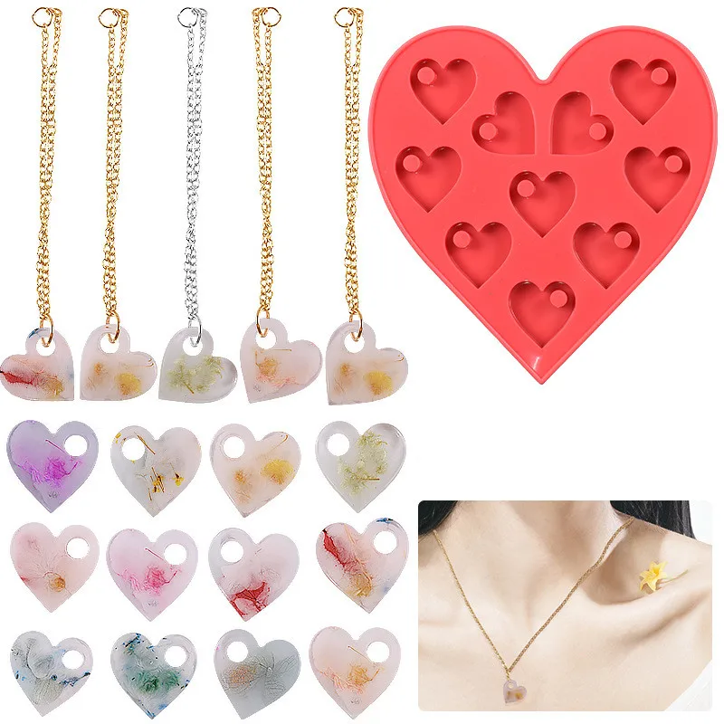 DIY Pendant Crystal Epoxy Resin Mold Heart Shaped Earrings With Holes Love Valentine's Day Chocolate Silicone Mold