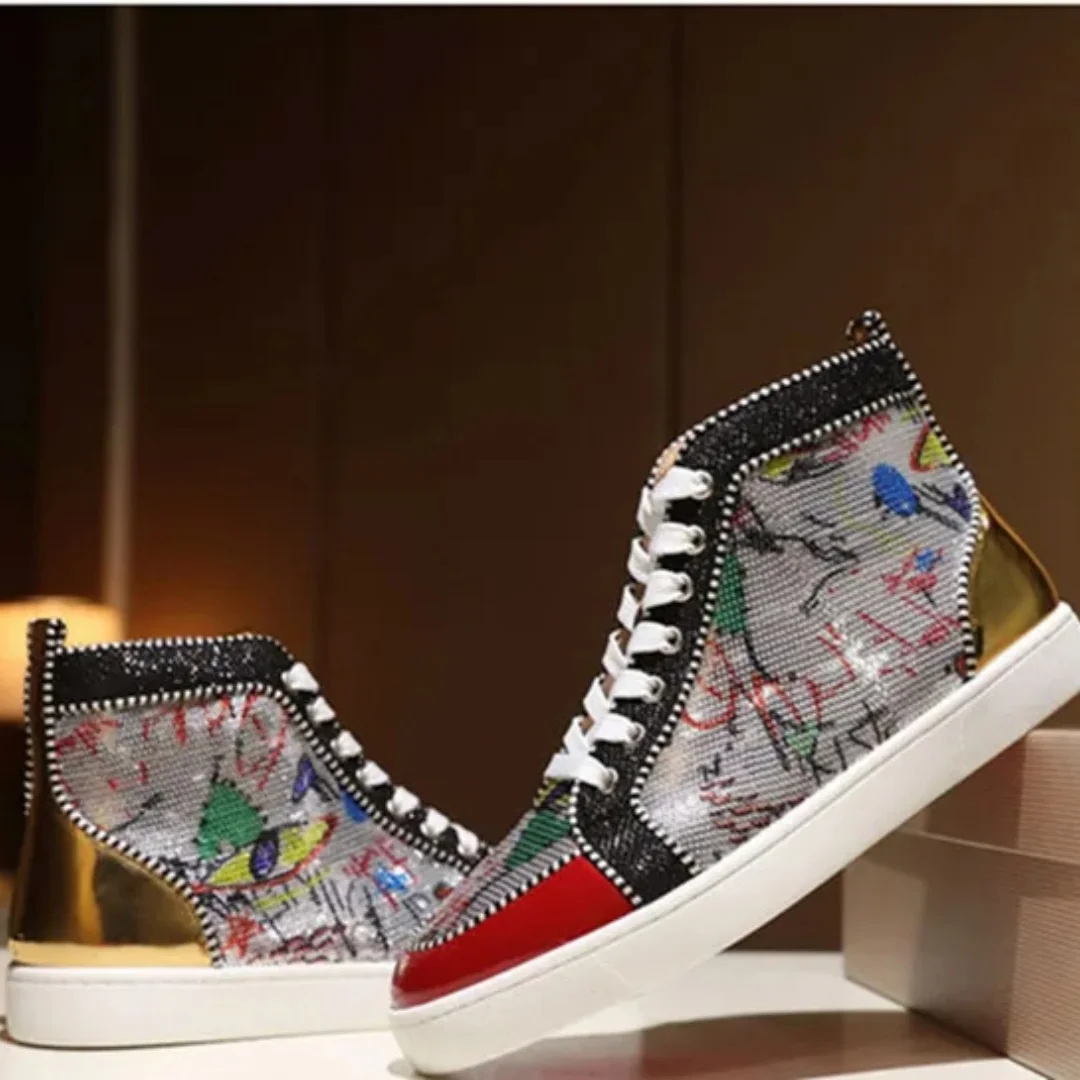 

Sneakers Red Sole Fashion Design Graffiti Sequins Men's High-Top Lace-up Casual Shoes Spikes Patent Leather Round Toe Big Size D