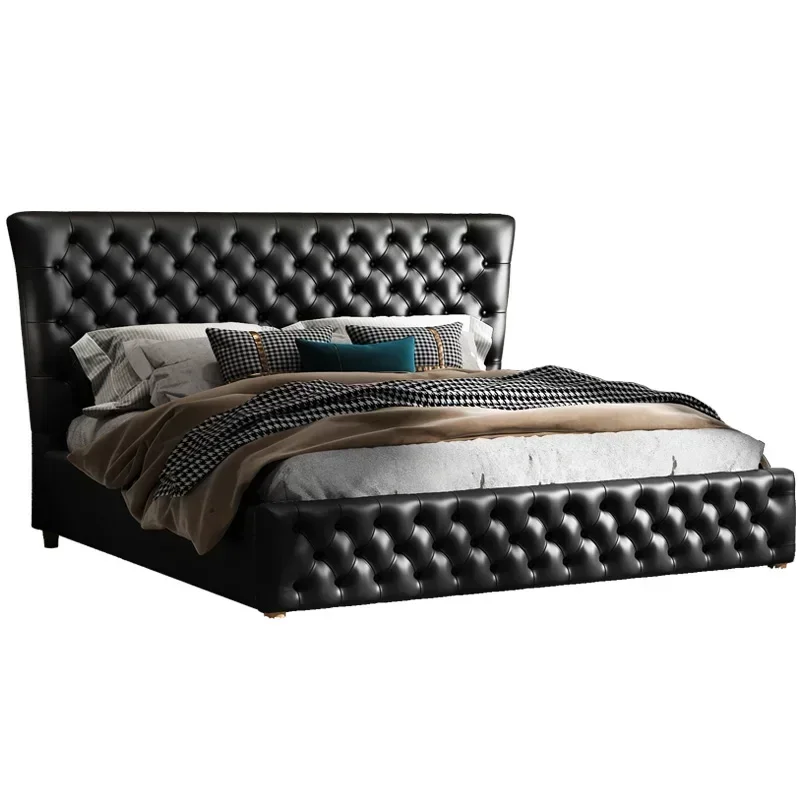 Marcos de Cama de cuero para el hogar, mueble de almacenamiento minimalista, moderno, italiano, color negro, dormitorio principal, Doble