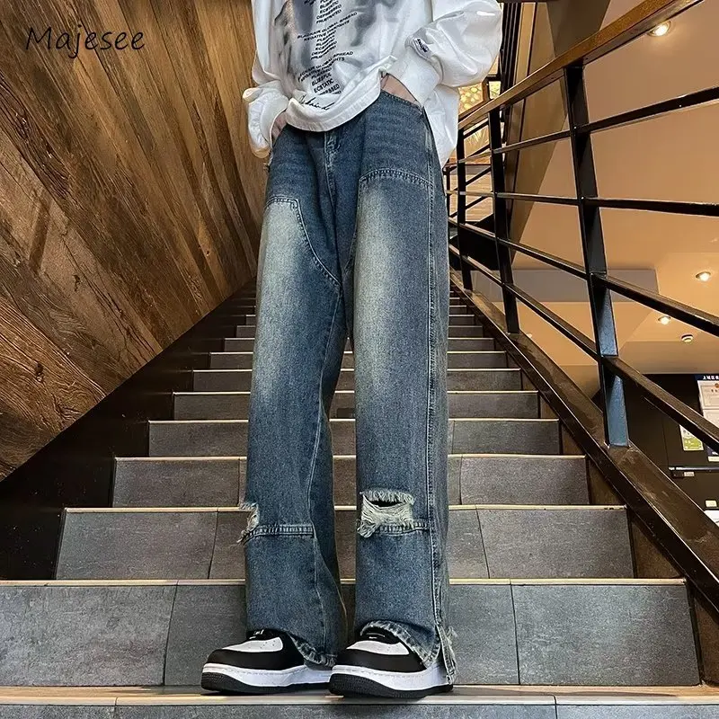 

Hole Jeans Men Baggy Side Silt Mid Waist Bleached Spring Autumn Frayed Japanese Style Hipster Fitness Temperament High Street