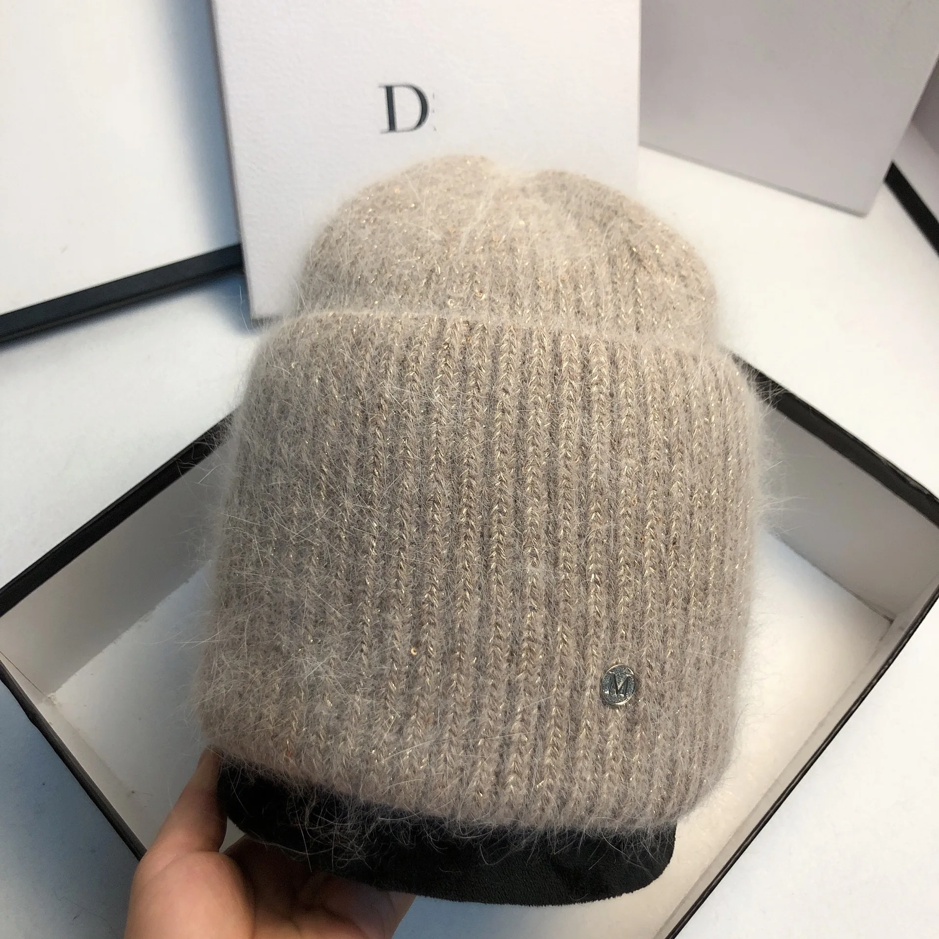 Angora Rabbit Fur Knitted Hat Women Winter Warm Beanie Bling Sequins Letter M Luxury Hats Female Outdoor Walking Bonnet Cap