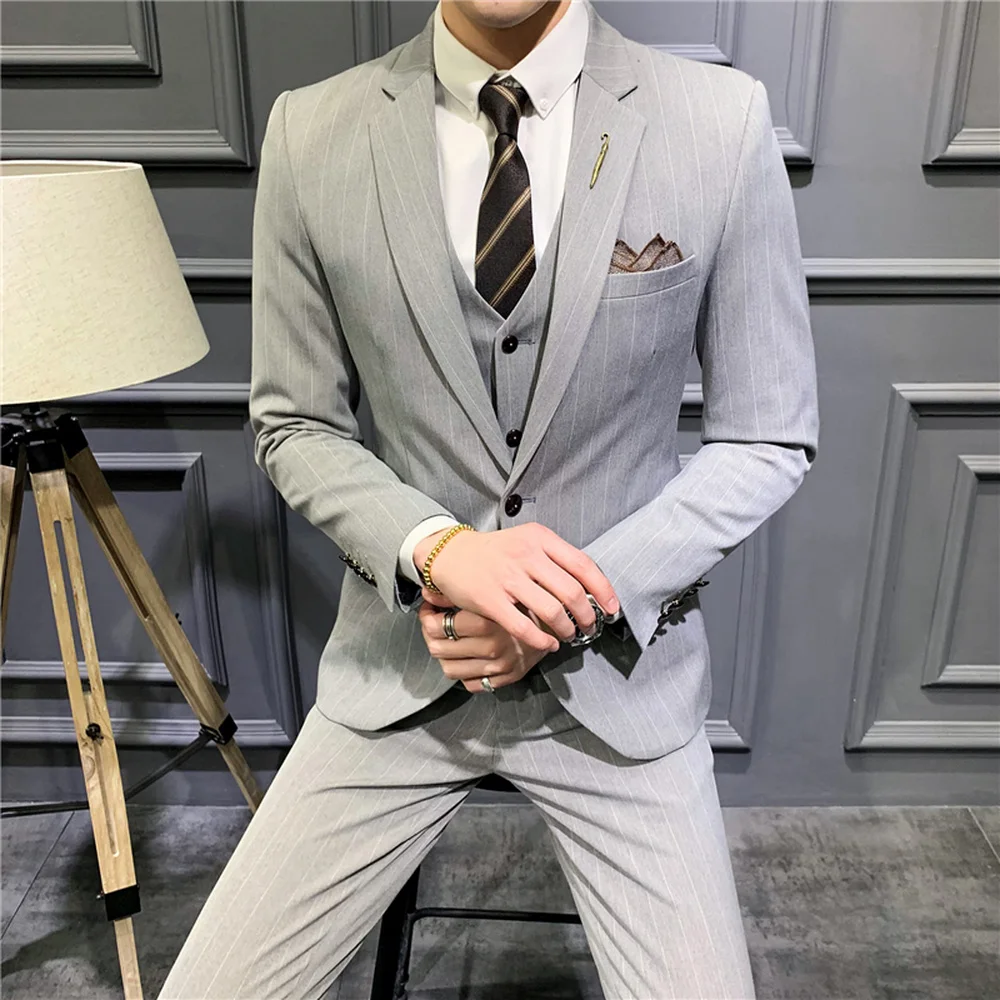 2023 Men\'s Fashion Boutique Striped Wedding Dress Suit Three Piece Set Male Formal Business Casual Blazers Jacket Vest Pants