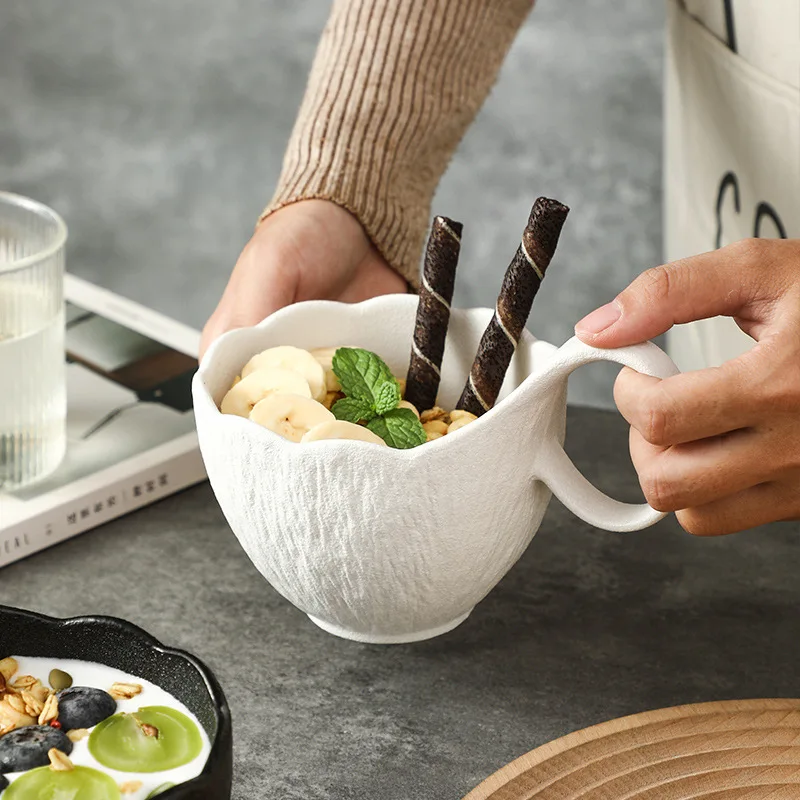 كوب بسيط من السيراميك بنمط الحجر باللونين الأبيض والأسود ذو قطر كبير ومقبض منحني كوب منزلي عالي المظهر ومستوى خفيف فاخر #3