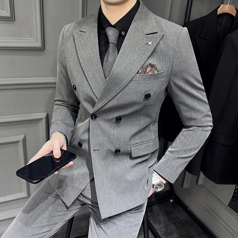 (Jacket+Vest+Pants)Men Spring High Quality Double-breasted Suits/Male Slim Fit Groom\'s Wedding Dress Fashion Three-piece Set