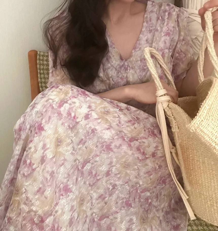 2 kolory kwiatowy Print z krótkim rękawem sukienka wróżki kobiety 2025 lato V Neck moda damska plaża długie sukienki z szyfonu Vestidos (JJ8003