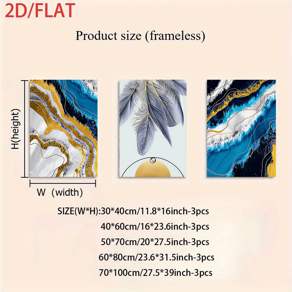 1 Set – Modern Minimalist Frameless 3-Piece Decorative Art: Abstract Feather & Line Art (2D Flat Design) – 