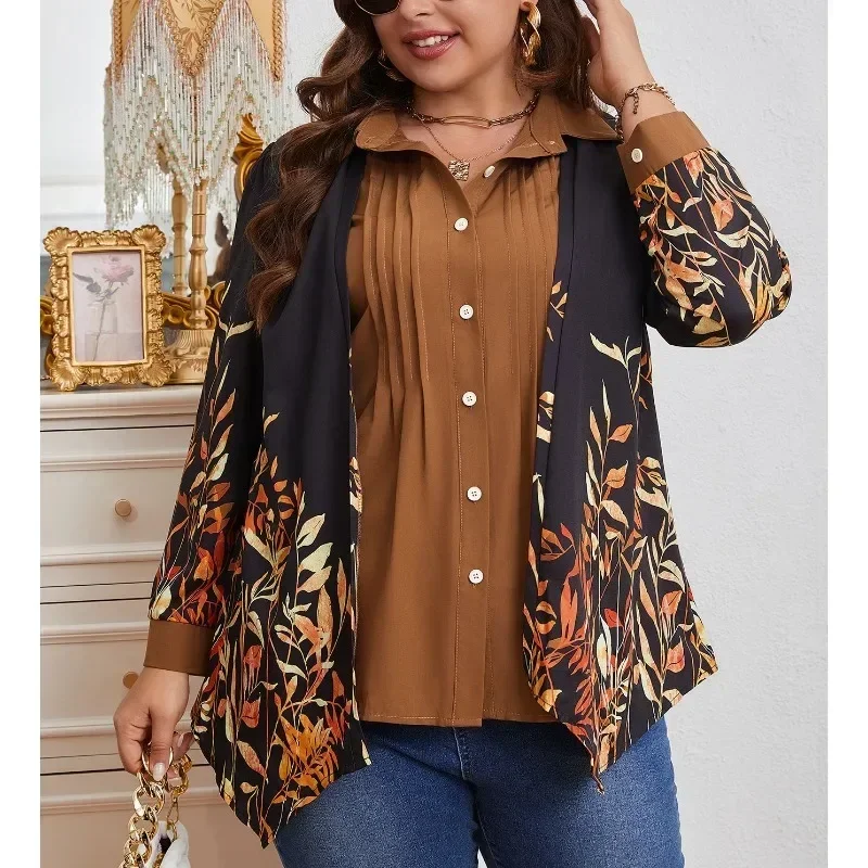 Plus Size 1XL-5XL Women\'s Casual Colorblock Leaf Print Button Up Shirt Ladies Fashion Long Sleeve Turn Down Collar Blouse