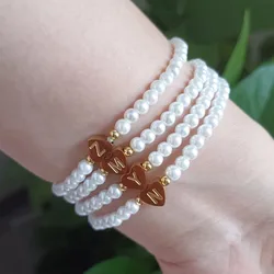 Imitation Pearl A-Z Heart Pendant Bracelet for Women Elegant Gold Color Letter Love Peach Chain Party Jewelry Gifts
