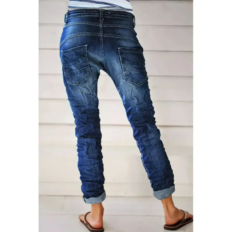 Women Jeans Pencil Pants Ankle Length Distressed Denim Zipper Fly Skinny Pockets Washing High Street 2024 Draw String Holes