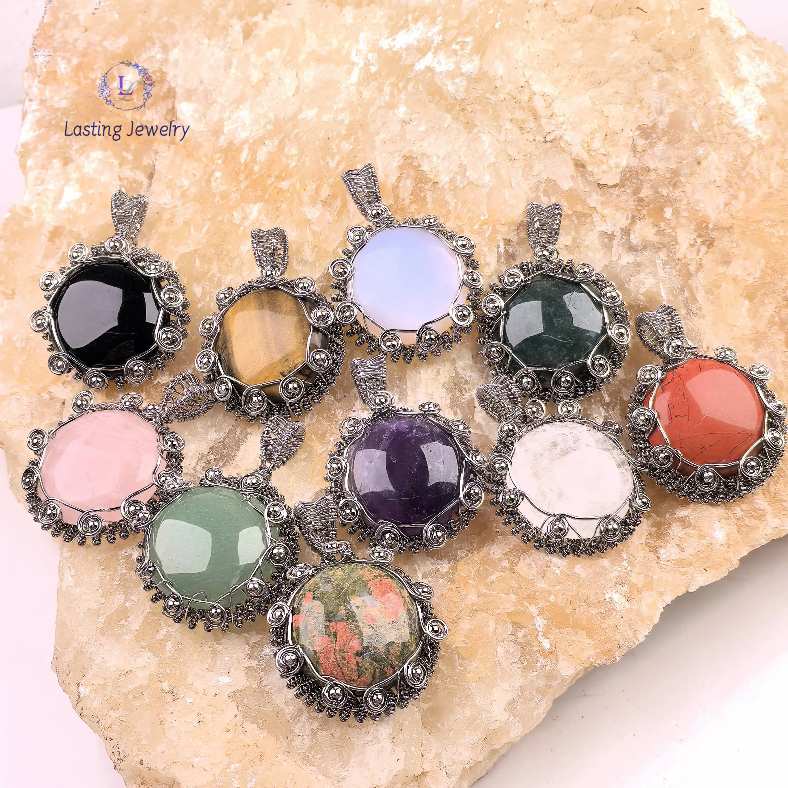 

Plated Silver Wire Wrapped Round Crystal Pendants,Amethyst Rose Quartz Aventurine Obsidian Opal Charms Necklace Jewelry Making