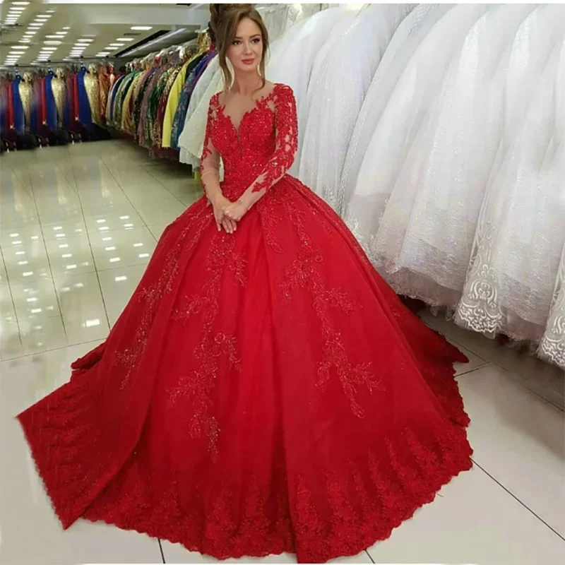 

Fashion Plus Size Ball Gown Wedding Dresses Long Sleeve V Neck Appliqued Lace Bridal Dress Women Customized2022 Wedding Gowns