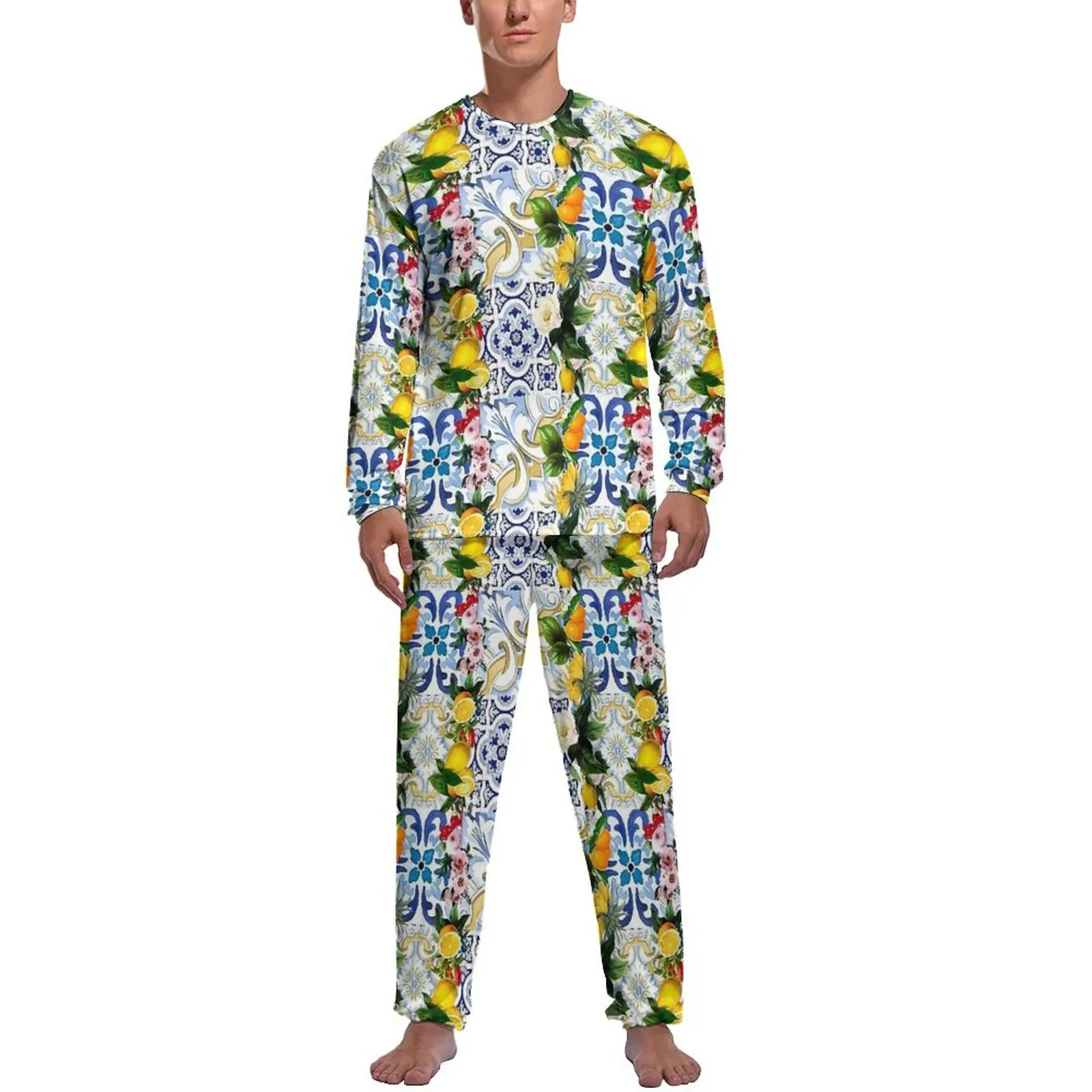 

Sicilian Tiles Pajamas Men Lemon Print Elegant Sleepwear Spring Long-Sleeve 2 Pieces Home Design Pajama Sets