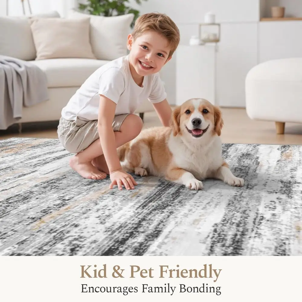 Large 8x10 Area Rug - Abstract, Washable, Soft Low Pile, Non-Slip, Stain-Resistant, Neutral Beige-Grey for Living Spaces