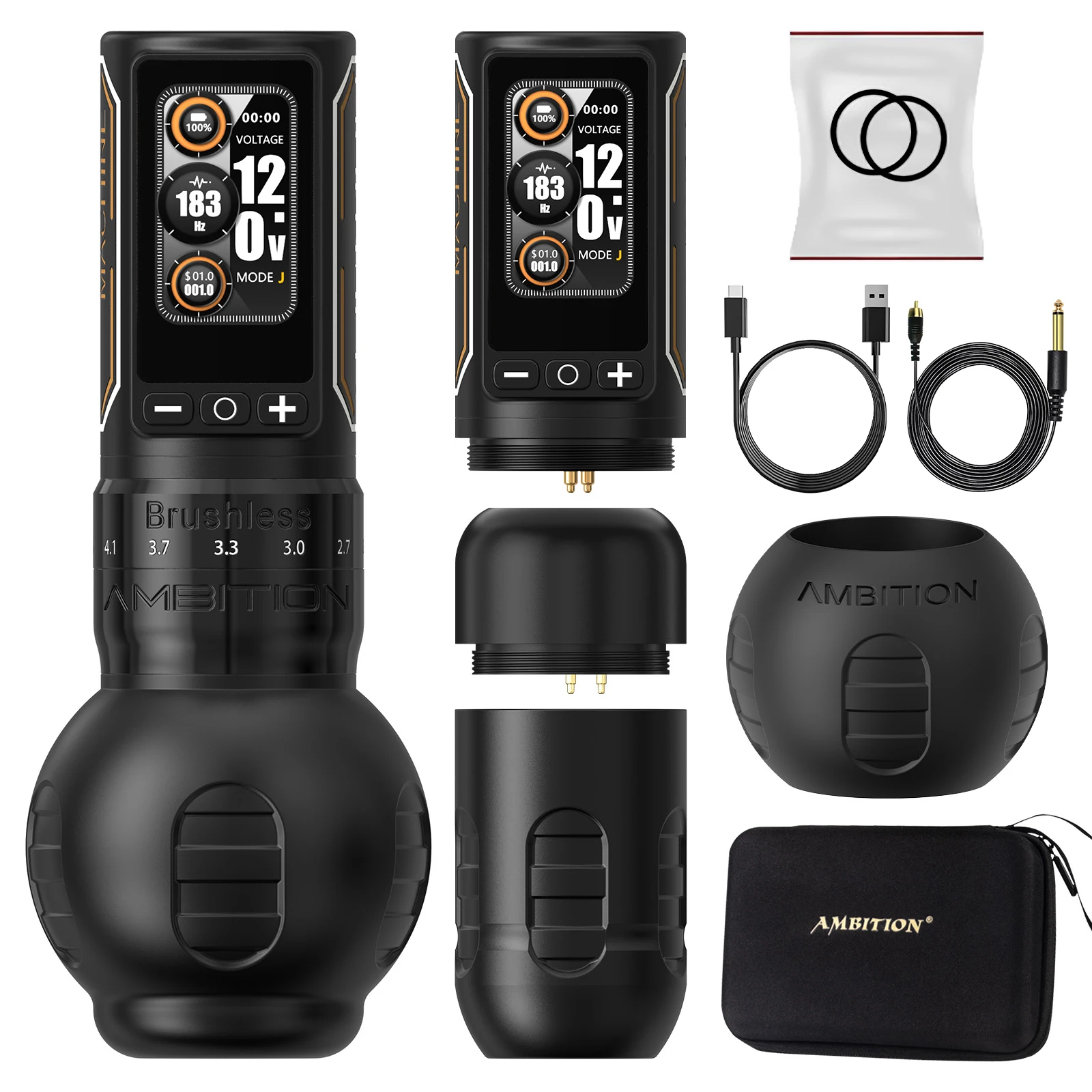 Ambitie Ninja Max 280 draadloze tattoo-machine 2,4 mm-4,5 mm verstelbare slag 54 mm + 34 mm grip borstelloze motor 2400 mAh batterijpen