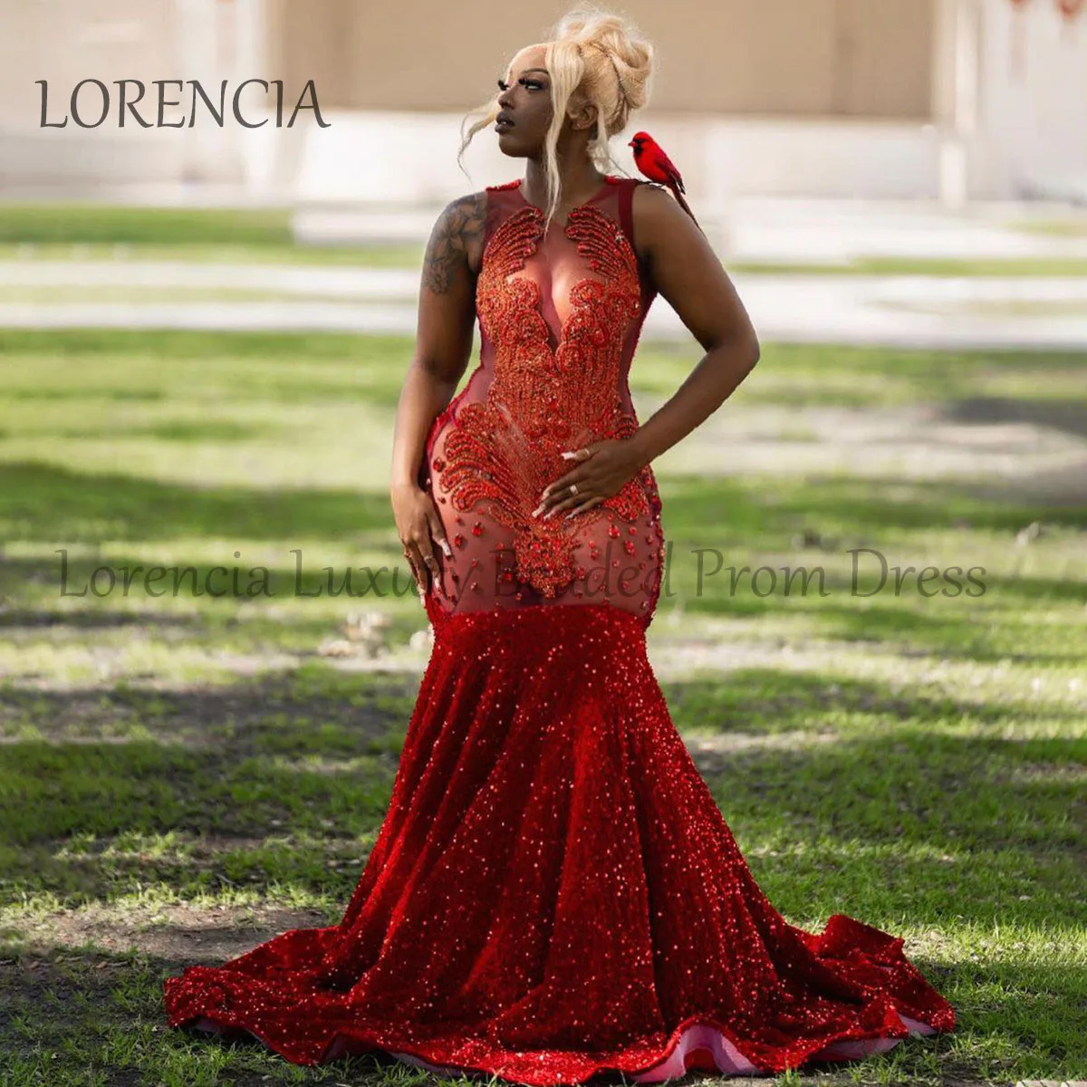 

Glitter Red Diamonds Mermaid Long Prom Dress For Black Girls Crystal Birthday Party Dress Rhinestones Sleeveless Evening Gown