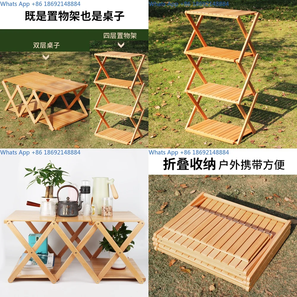 

Portable Multi Tier Storage Shelf Dual Use Picnic Table Outdoor Foldable Wooden Display Rack