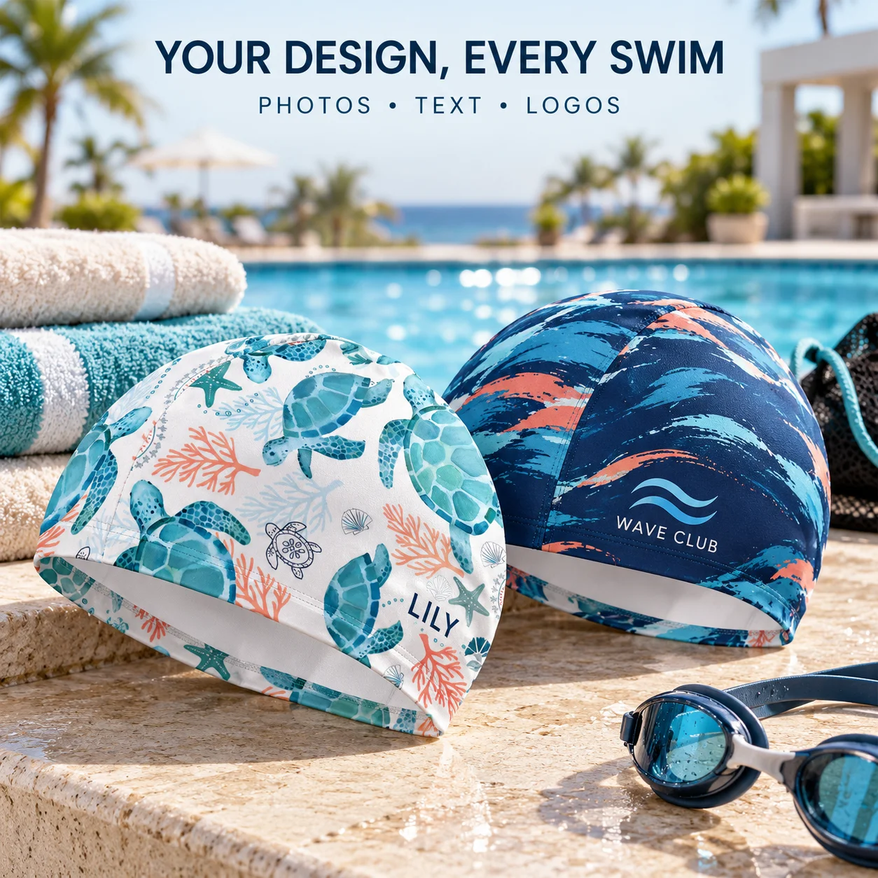 Custom Swim Cap Personalized Swimming Cap with Photo Logo Print Stretch Lycra Swim Hat for Women Men Pool Training Beach