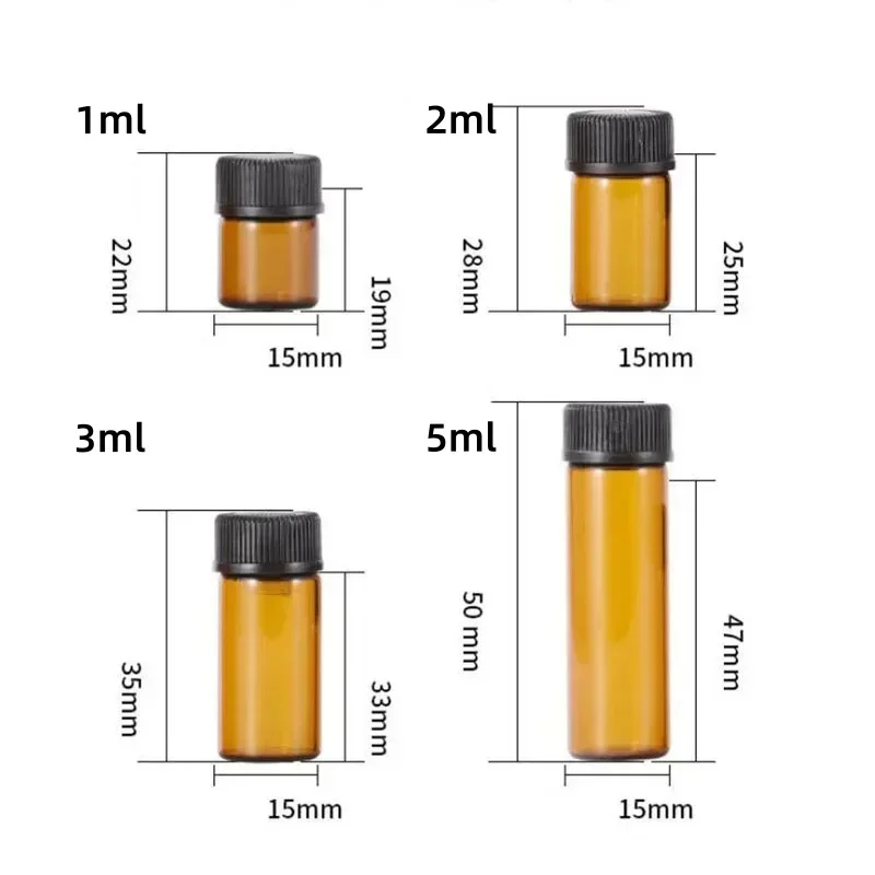 Garrafa de vidro âmbar de 1/2/3/5ml, 5 peças com redutor de orifício e tampa de parafuso para frascos de amostra portáteis de óleo essencial perfume líquido diy