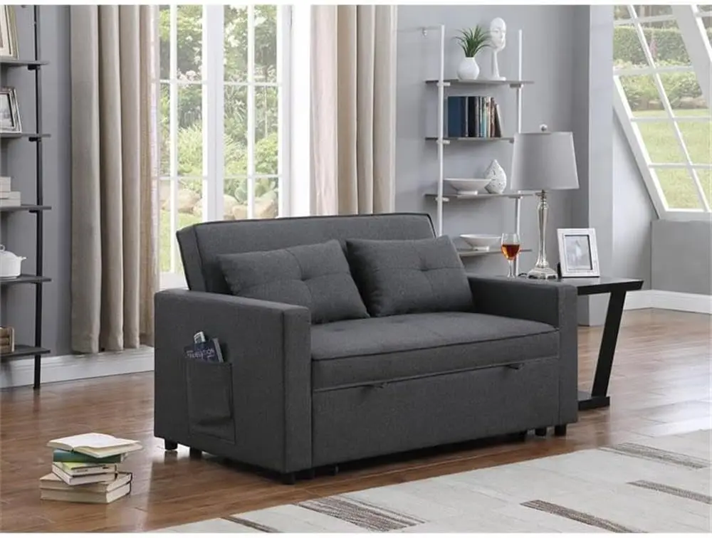 Dark Gray Linen Fabric 3-in-1 Convertible Sleeper Loveseat with Side Pocket