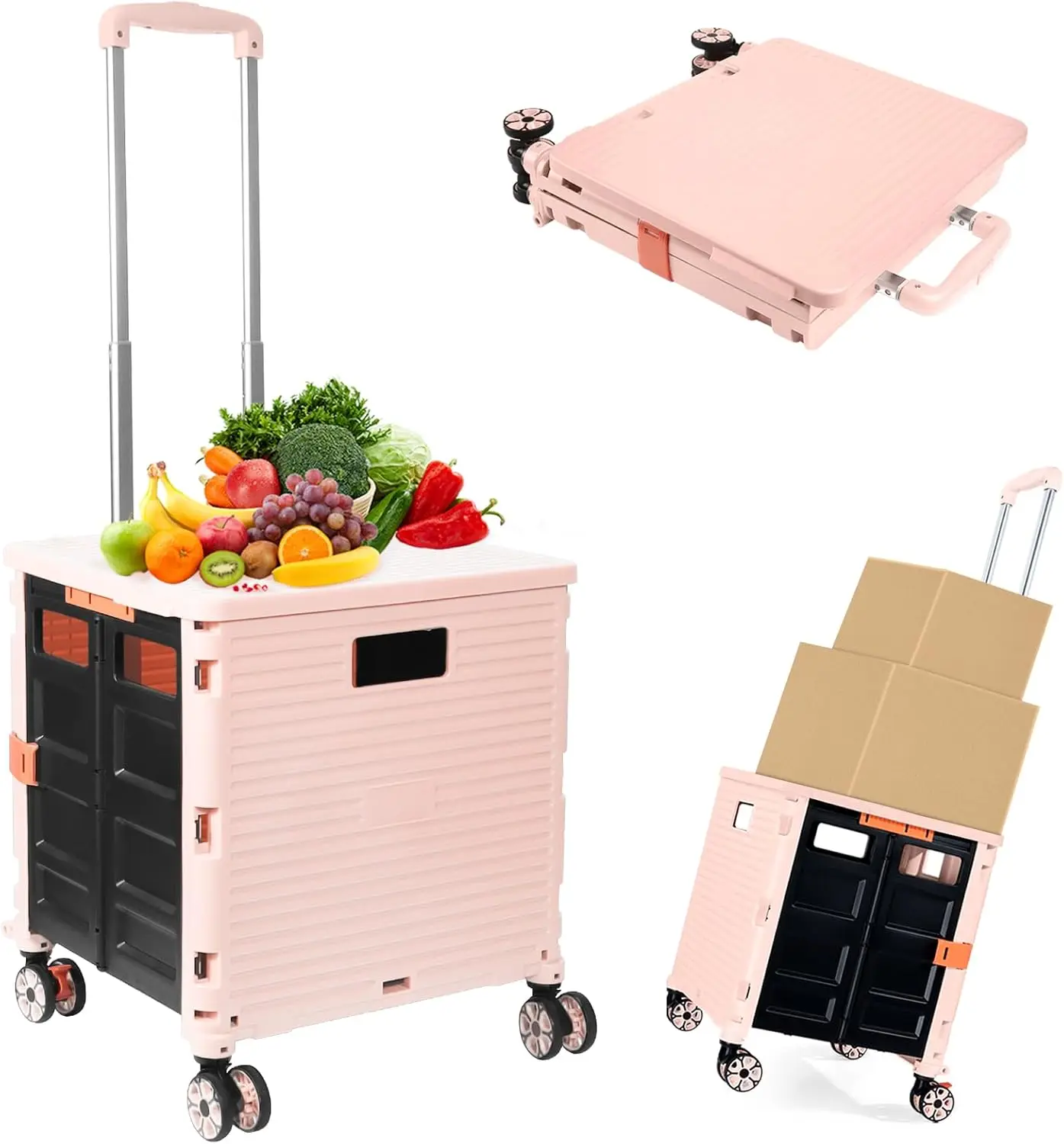 

Foldable Utility Cart Folding Portable Rolling Crate Handcart Shopping Trolley Wheel Box with Lid Wear-Resistant Noiseless