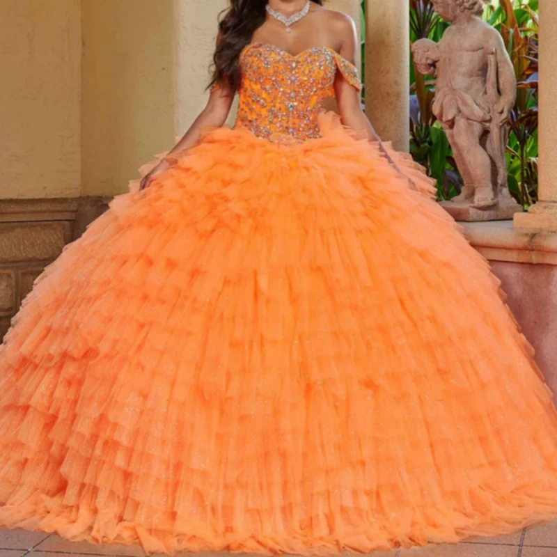 Elegant Orange Mexican Quinceanera Dressses Off Shoulder Crystal Tiered Ball Gown Vestido De xv Anos Sweet 15 16 Prom Party Wear