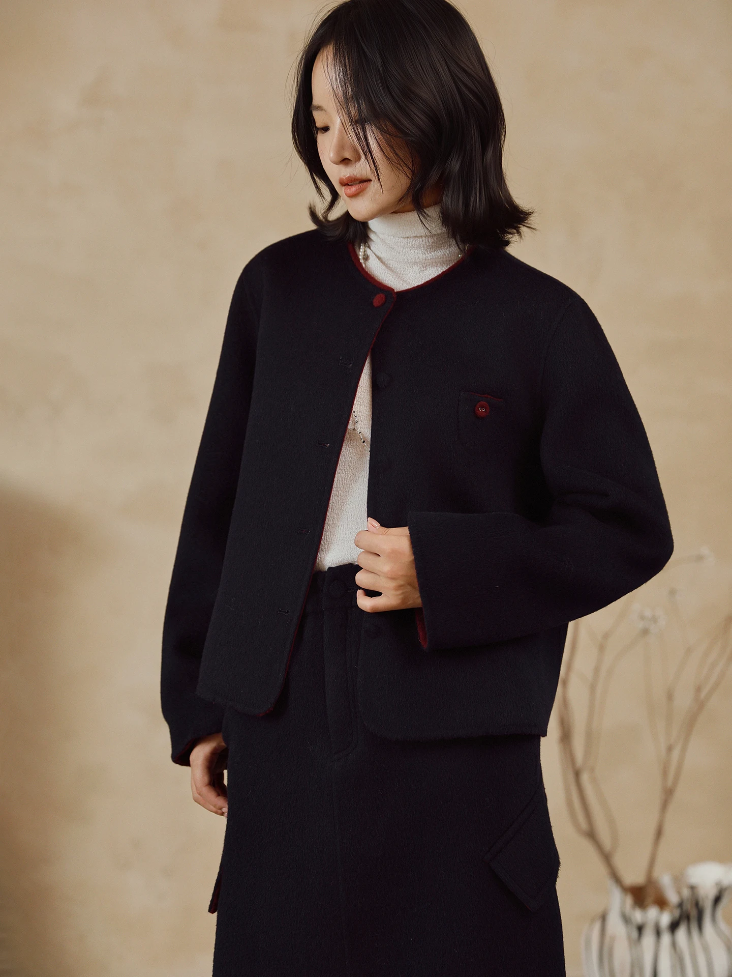 

Double-Faced Woolen Camere Coat Loose Straight Cut Commute Women's Faion Winter New Arrival ort Length Button Detail