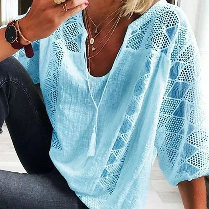 

Fashion Loose Lace Hollow Vintage Summer Women Blouse V Neck Casual Short Sleeve Solid Color Tops 2024 Female Clothes