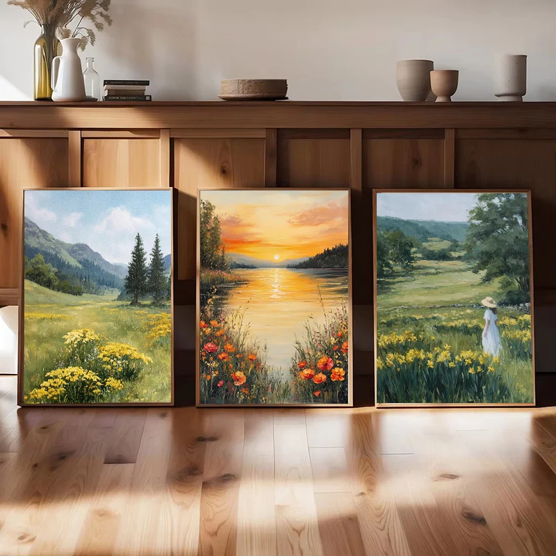 Vintage Mountains Rivers Green Forests Flowers Boat Landscape Poster Canvas Art Prints Home Room Wall Picture Decor Gift