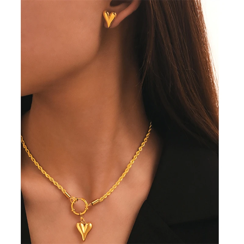 316L Stainless Steel New Fashion Waterproof Jewelry Hip-hop Love Heart Shape Charm Rope Chain Choker Necklace Earrings For Women