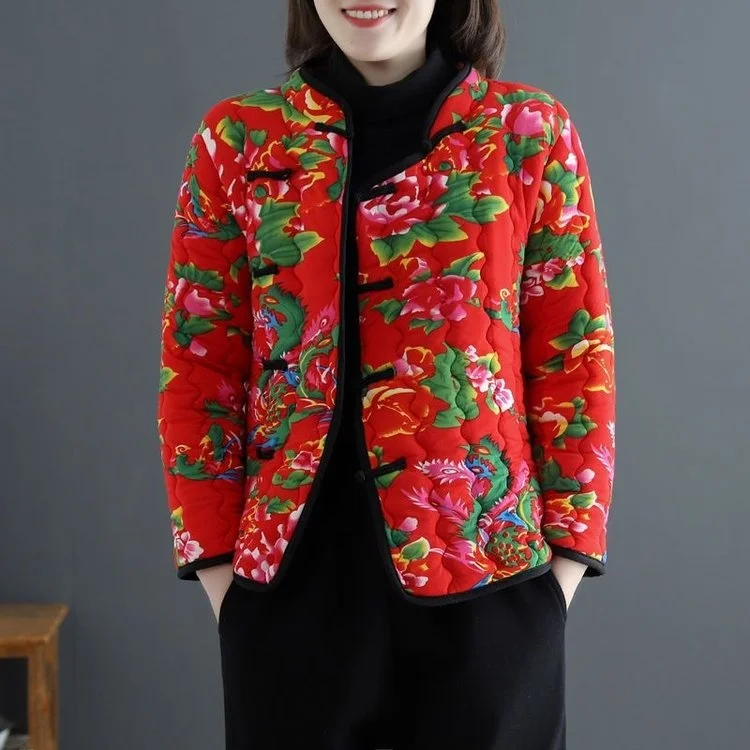 Northeast Large Flower Cotton Jacket Ethnic Style Side Button Qipao Warm Middle-Aged Women's Two-Man Tumblin Performance Clot...