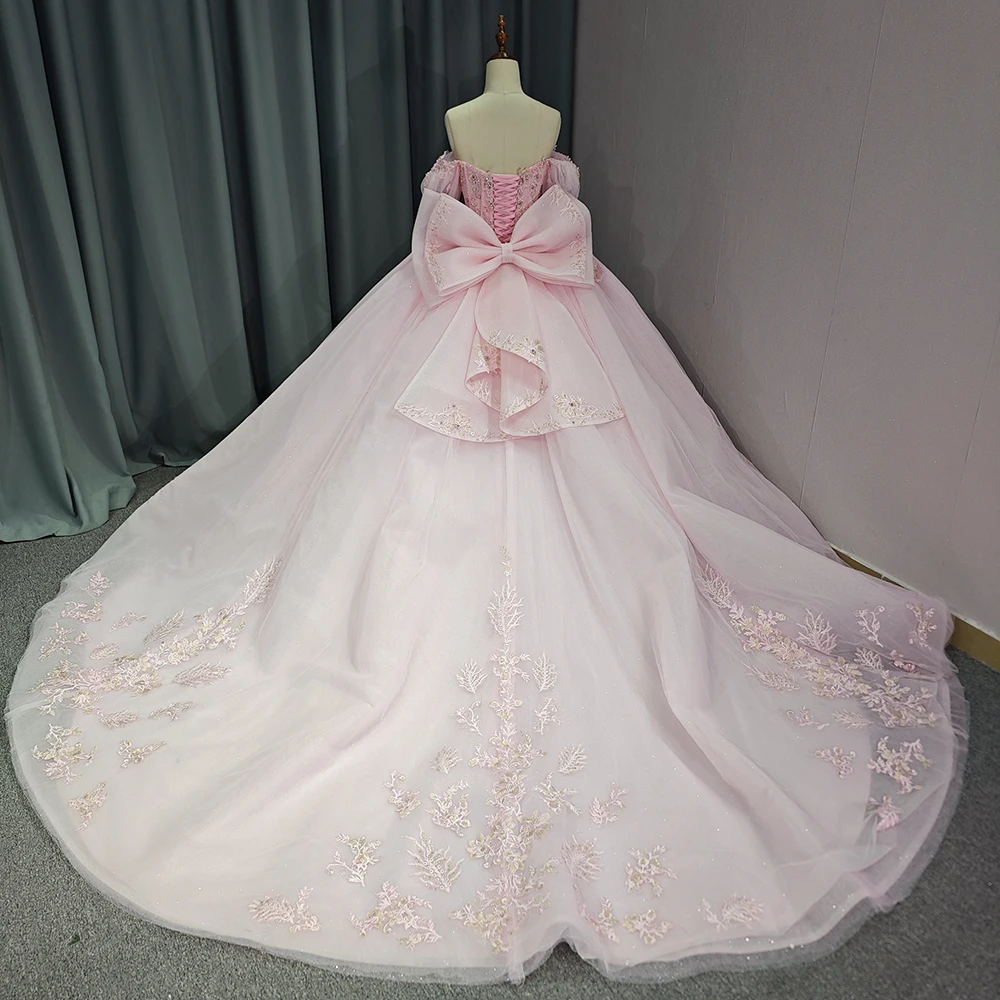 Brilhante fora do ombro vestido de renda lantejoulas, vestido rosa Quinceanera, grânulos arco trem tribunal, 15 anos, DY6774