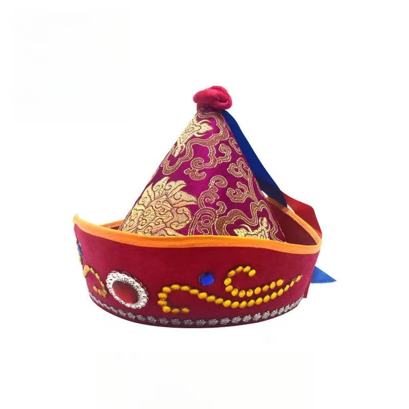 Chapeaux mongols avec ruban pour femmes, hommes et enfants, casquettes de spectacle sur scène de Festival, couvre-chef traditionnel rouge, chapeau de Cosplay
