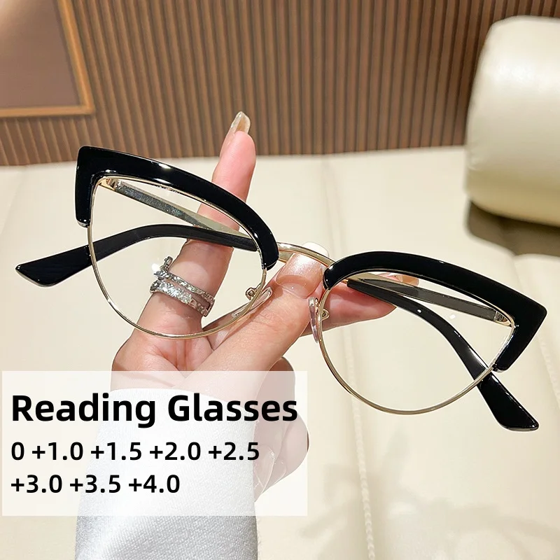 

Trendy Retro Metal Cat Eye Reading Glasses Ladies' High-definition Anti Blue Light High-quality Glasses Diopter To +4.0