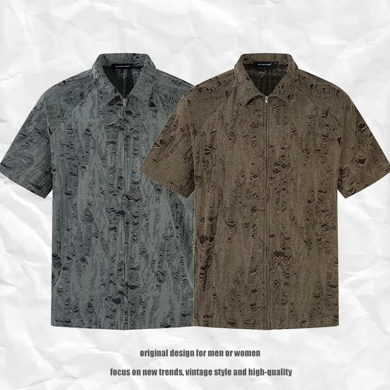 TKPA American vibe style trendy short-sleeved shirt for men and women high street design ripped old loose zipper cardigan