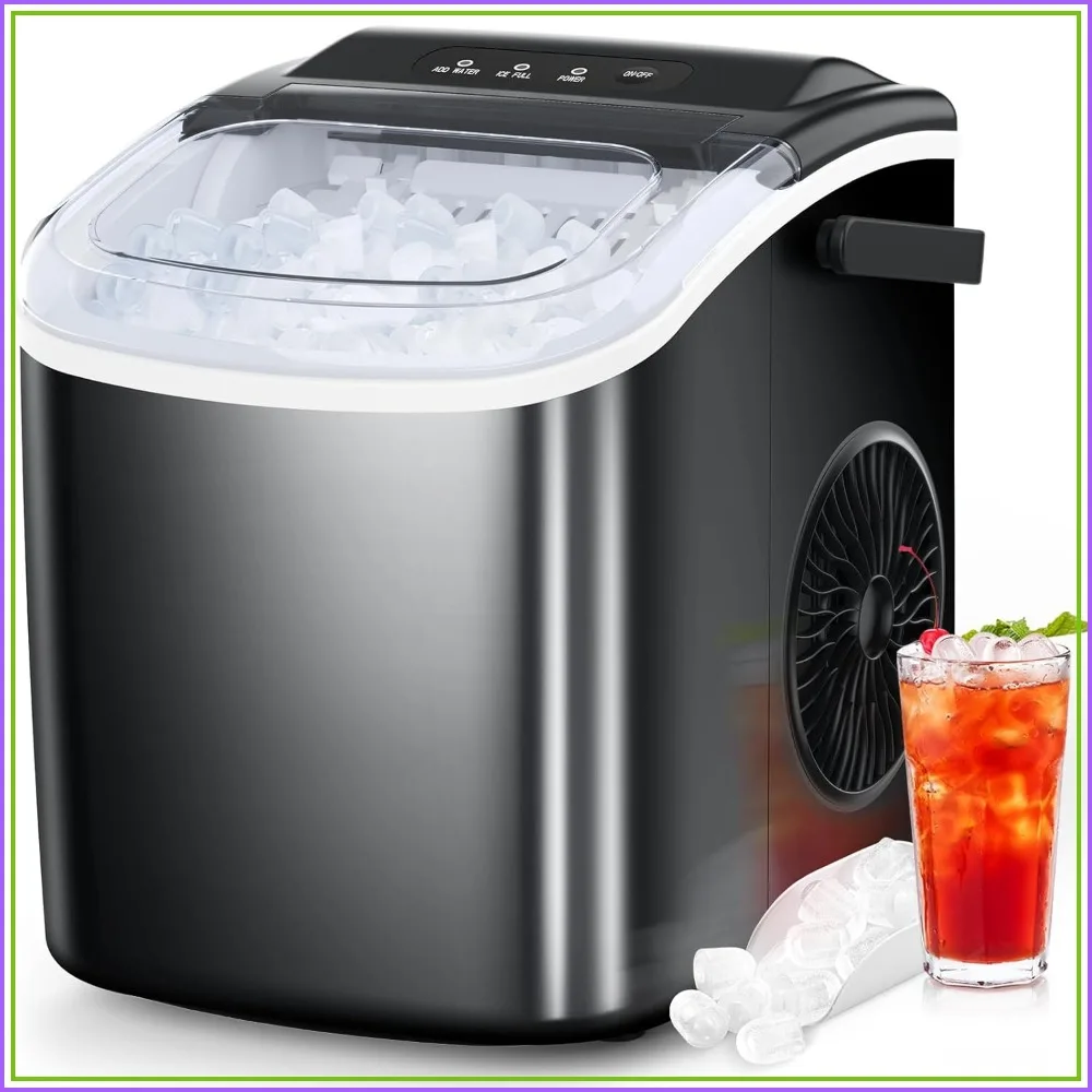 

Portable Ice Maker, 26.5lbs/24Hrs, 9 Bullet Ice Cubes in 6 Mins, Self-Cleaning, Ice Basket & Scoop, for Home Kitchen Bar Camping