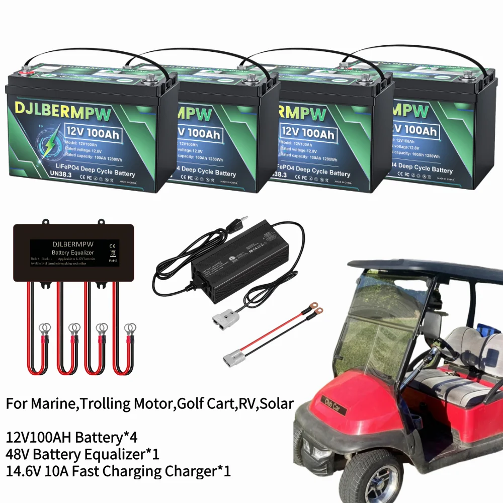 

DJLBERMPW 48V 100Ah LiFePO4 Battery Built-in 100A BMS With 48V Battery Equalizer 14.6V 10A Fast Charging Charger for Solar Home